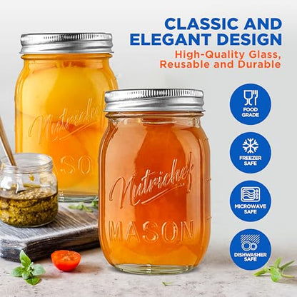 NutriChef 16 Pack Mason Jars 16 oz with Lids, Wide Mouth Airtight Seal, Freeze Safe Durable Glass, Silver Screw Lids for Meal Prep, Jam, Honey and Wedding Gifts, Leakproof & Dishwasher Safe Glass Jars - style: 16 Pack
