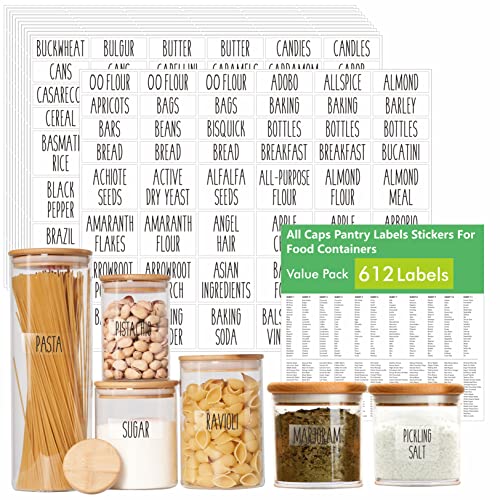 Hebayy 612 All Caps Minimalist Pantry Food Labels, Herb Spice Seasoning Oil Stickers, Plus 51 Blank Ones, Waterproof, Oil & Tear Resistant, No Residue, Expand Version for Kitchen Containers Jars - style: Style 2