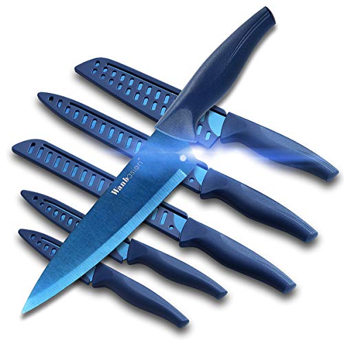 Wanbasion Blue Professional Kitchen Knife Chef Set, Stainless Steel, Dishwasher Safe with Sheathes - color: Blue