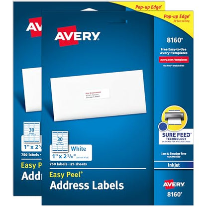 Avery Easy Peel Printable Address Labels with Sure Feed, 1" x 2-5/8" Customizable Stickers, White, 1,500 Blank Mailing Labels, Great for Mailing, Shipping, and More (2-Pack of 08160) - size: 0