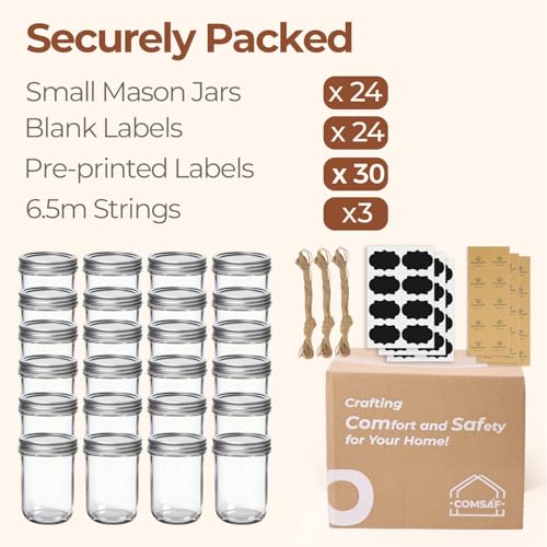 ComSaf 8 oz Mason Jars Bulk Set, 24 Pack Small Regular Mouth Jars with Lids | BPA-Free Materials, Half-Pint Portions, Small Jam, Jelly, Honey Sample, Spice Rack, DIY Candles, For Big Canning Project - size: 8oz*24 regular mouth