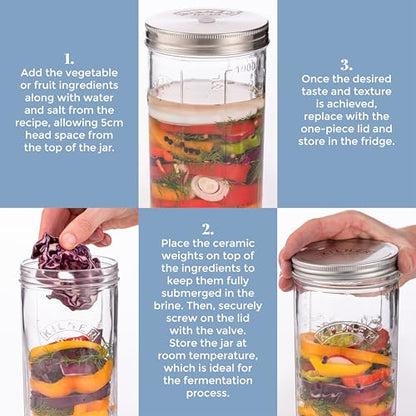 Kilner 1 Litre Fermentation Jar Set Wide Mouth Glass Jar with Silicone Valve Lid, Ceramic Weights & Recipe Booklet, Ideal for Small Batch Fermentation - size: 1 Litre Set
