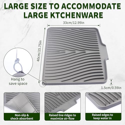 Silicone Dish Drying Mat 16x13,Food-Grade Silicone,Easy Clean Pad for Countertop Protection,Heat Resistant,Easy Clean,Non-Slip Drain Pad with Built-in Drain,Multi-Functional Use,Grey - color: Gray, size: 16" x 13"