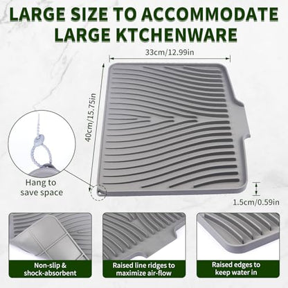 Silicone Dish Drying Mat 16x13,Food-Grade Silicone,Easy Clean Pad for Countertop Protection,Heat Resistant,Easy Clean,Non-Slip Drain Pad with Built-in Drain,Multi-Functional Use,Grey - color: Gray, size: 16" x 13"