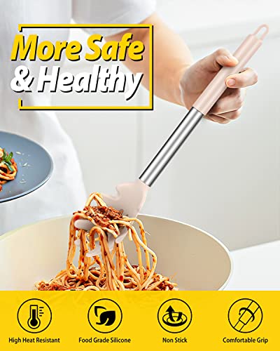 Silicone Pasta Fork and Ladle Spoon Set, Large Non Stick Kitchen Utensils for Cooking,Stirring,Serving Spaghetti, Soup, Sauce (KHAKI) - color: Khaki