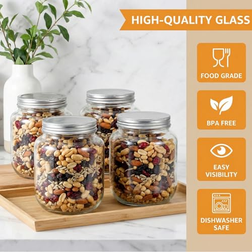 Coloch 4 Pack Half Gallon Glass Jar with Metal Lid, 64 Oz Clear Food Storage Jar Wide Mouth Glass Pantry Container for Candy, Cookie, Flour, Kombucha Tea, Fermenting