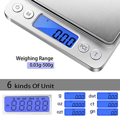 Fuzion Digital Gram Scale .01 Gram Accuracy, 500g Small Jewelry Scale, Mini Kitchen Food Scale for Herb, Powder, Gold, Coin - Weight Gram and Oz - color: Silver