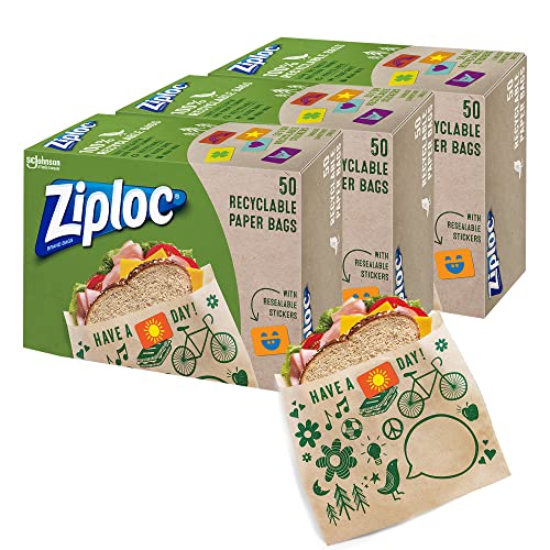 Ziploc Paper Sandwich and Snack Bags, Recyclable & Sealable with Fun Designs, 150 Bags Total - size: 150 Count