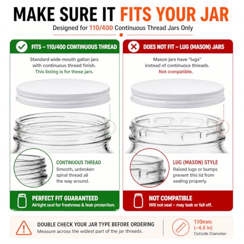 White Metal Lid for 1 Gallon & 1/2 Gallon Wide Mouth Glass Jars – 110mm (4.33") ID & (4.50") OD Fit – Food-Grade, Leak-Resistant Caps (Jars Not Included)