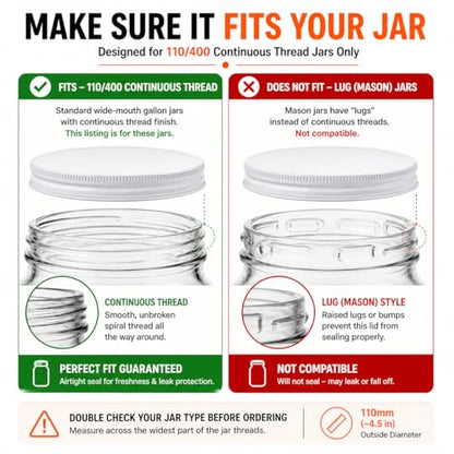 White Metal Lid for 1 Gallon & 1/2 Gallon Wide Mouth Glass Jars – 110mm (4.33") ID & (4.50") OD Fit – Food-Grade, Leak-Resistant Caps (Jars Not Included)