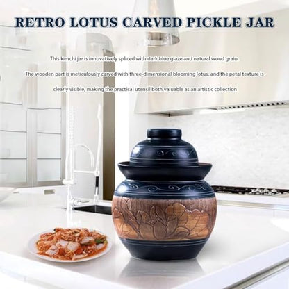Retro Lotus Carved Kimchi Jar, Thickened Ceramic Fermentation Crock, Pickled Beans, Radishes, Cabbages, Traditional Water Seal Design