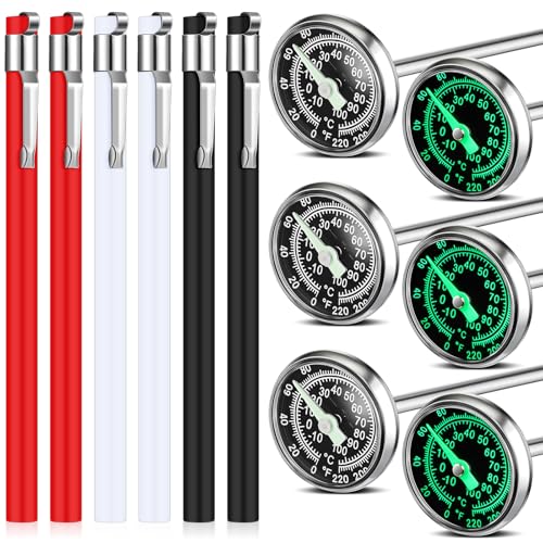 Xuhal 6 Pcs Stainless Steel Kitchen Glow Thermometer with 5 Inch Long Stem 1 Inch Dial Thermometer Milk Frothing Food for Oven Probe Meat Grill BBQ Cooking Chocolate Water(Red,White,Black) - color: Red,White,Black