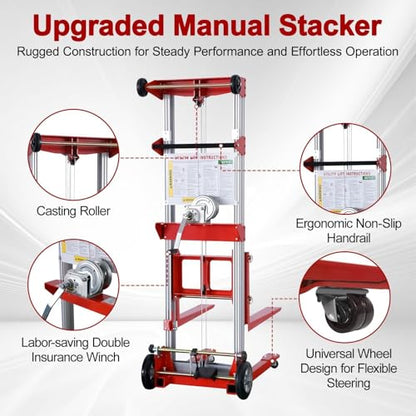 122" Material Lift Winch Stacker, 400 lbs Capacity Manual Material Lifts, Fixed Straddle Material Lifter, Hand Winch Lift Trucks for Warehouse, Factory, Lightweight, 34.60" L x 24.80" W, Red - color: Red