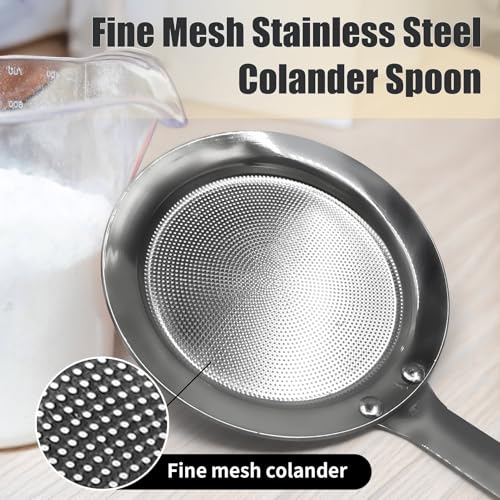 Fine Mesh Stainless Steel Colander Spoon, Sieve Fine Mesh Strainer with Long Handle Stainless Steel Skimmer Spoon Kitchen Gadget for Cooking Oil Filter Skimming Grease and Foam