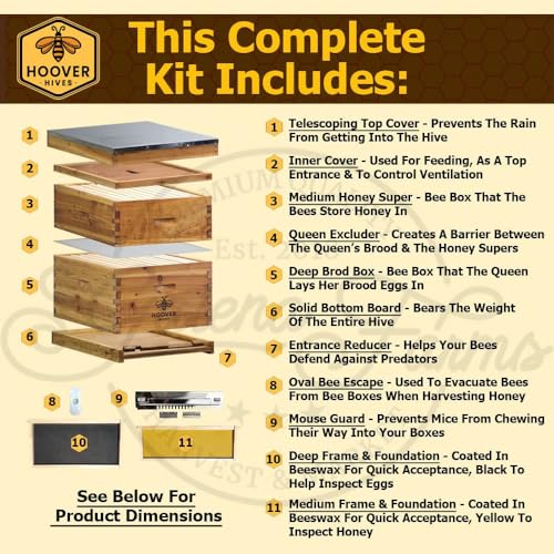 Hoover Hives 8 Frame Langstroth Beehive Dipped in 100% Beeswax Includes Wooden Frames & Waxed Foundations (1 Deep Box, 1 Medium Box)