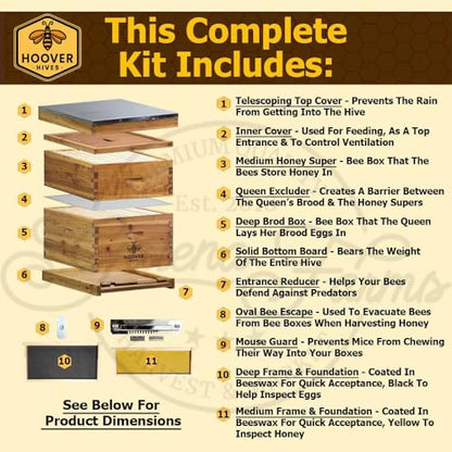 Hoover Hives 8 Frame Langstroth Beehive Dipped in 100% Beeswax Includes Wooden Frames & Waxed Foundations (1 Deep Box, 1 Medium Box)