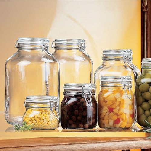 Bormioli Rocco Fido Squared Wide Mouth Glass Jar with Airtight Gasket Clamp Lid for Canning and Food Storage, Clear Top, 50.75 oz.