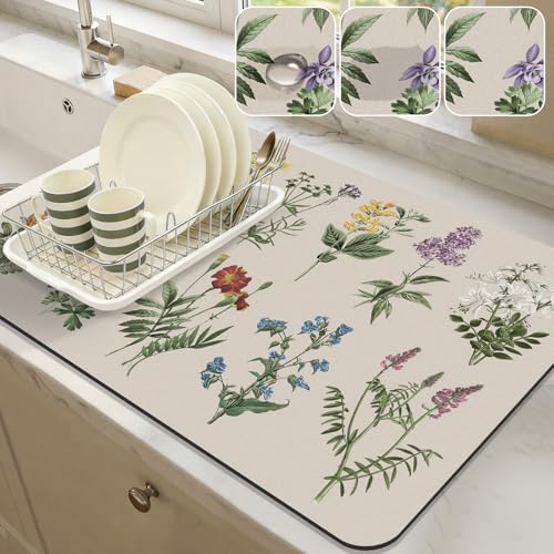 LOKHOM Dish Drying Mat for Kitchen Counter, 16"x24" Absorbent Coffee Bar Mat with Vintage Sage Flower Herbs, Dish Drainer Rack Mat for Kitchen Counter - size: 16" x 24"