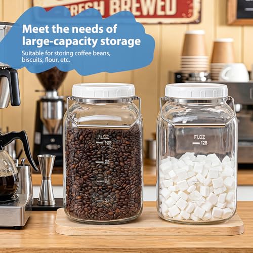Sovietiep 1.5 Gallon Wide Mouth Glass Storage Jars, Large Glass Jar, 2 Pack | 2 Pack with Airtight Lid & Stainless Handle, 4.3" Wide Mouth, Food Grade Canisters, Gallon Glass Jars with ML/OZ Scale Line