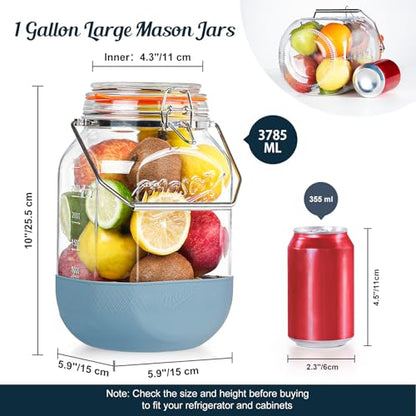 2 Pack Square 1 Gallon Glass Jar with Airtight Lid, Large Mason Jars Wide Mouth 128 Oz with Scale Marks & Handle, Glass Storage Containers with Anti-slip Base for Kitchen, Pantry, Laundry Room, Flour
