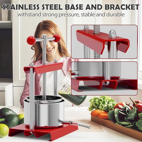 SQUEEZE master Cheese Tincture Herb Fruit Wine Manual Press -0.53Gallon/ 2 Litre-Power Ball Handle-Stainless Steel & Iron for Juice, Cider,Wine,Olive Oil - color: Red, size: 0.53Gallon