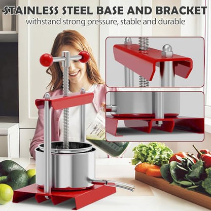 SQUEEZE master Cheese Tincture Herb Fruit Wine Manual Press -0.8Gallon/ 3 Litre-Power Ball Handle-Stainless Steel & Iron for Juice,Cider,Wine,Olive Oil - color: Red, size: 0.8 Gallon