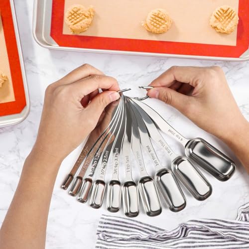 FANGSUN Narrow Measuring Spoons Set of 10, Heavy-Duty Stainless Steel Measuring Spoons with Long Handles & Engraved Measurements, Fits in Spice Jars, for Baking & Cooking - style: Spoons - Set of 10