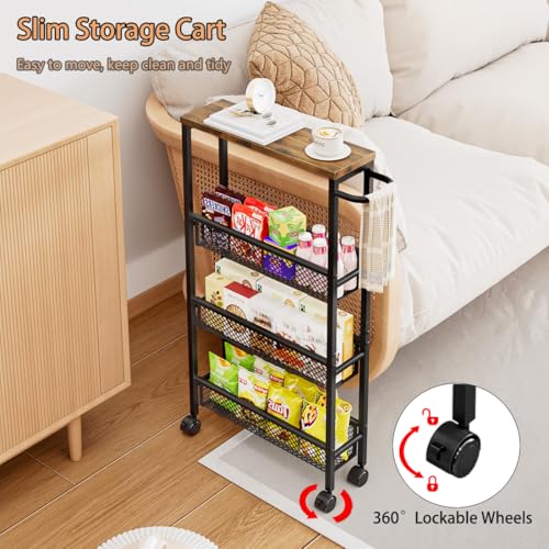 AZERPIAN Slim Rolling Cart 4 Tier Narrow Storage Cart on Wheels with MDF Board Top and Metal Handle for Small Space Kitchen Living Room Home Office Pantry Bathroom Laundry Room(16.54×5.12×30.31 inch) - size: 16.54 x 5.12 x 30.31 inch