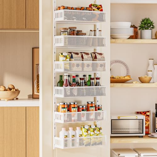6-Tier Over The Door Pantry Organizer with Mesh Baskets, Adjustable & Stable Hanging Spice Rack for Kitchen, Bathroom, Bedroom, and Baby Essentials Storage - color: 6tiers-White-Metal