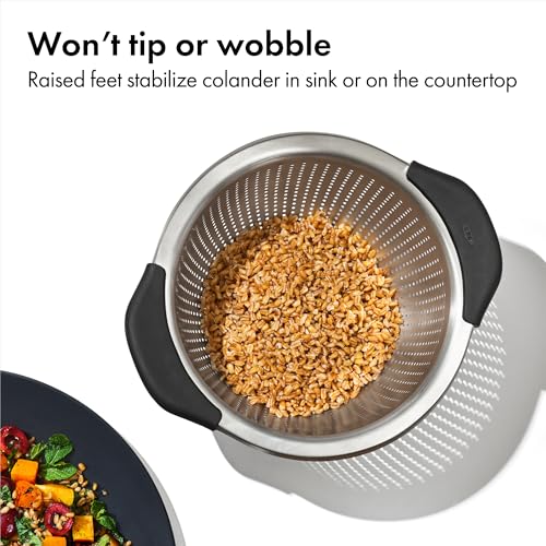 OXO Good Grips Stainless Steel Colander, 5 qt. Capacity, Strainer with Non-Slip Handles, Kitchen Colander for Pasta and Vegetables, Nesting Stainless Steel Strainer and Sieve - size: 5 Qt