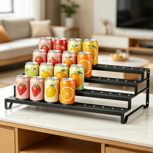 Attelite 4 Tier Expandable Can Rack Organizer for Pantry, Adjustable 13"-21" Metal Soda Can Organizer, Pantry Organization Canned Food Storage Holder for Kitchen Cabinet Countertop, Black 2Pack - size: 4tier*2pack