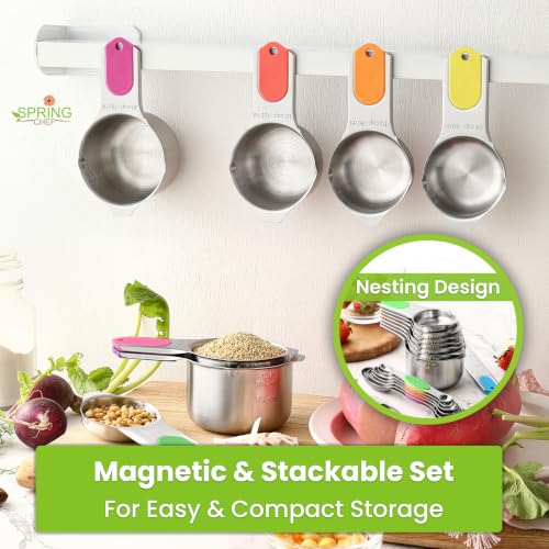 Spring Chef Stainless Steel Neon Magnetic Measuring Cups & Spoons Set of 15 | Patented, BPA Free, Strong Magnets, Heavy Duty - color: Neon, size: Set of 15