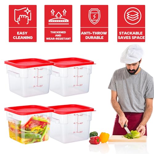 BIEAMA 4 Pack Food Storage Containers, 6 Quart with Lids, Square Commercial Containers with Scale, NSF, Polycarbonate, Clear - color: 6Qt-4 Pack(Red Lids)