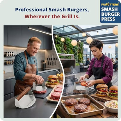 FUNUTTERS 6.5'' Smash Burger Press Patty Maker, Hamburger Smasher Tool, Heavy-Duty Stainless Steel, BBQ Grill and Flattop Griddle Accessory - Commercial Grade - size: 6.5'' with Beechwood Handle