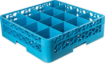Carlisle FoodService Products Opticlean Glass Rack 16 Compartments with 1 Extender for Kitchens and Restaurants, 19.875" x 19.875" x 5.5", Compartment Size 4.45" x 4.45" Blue