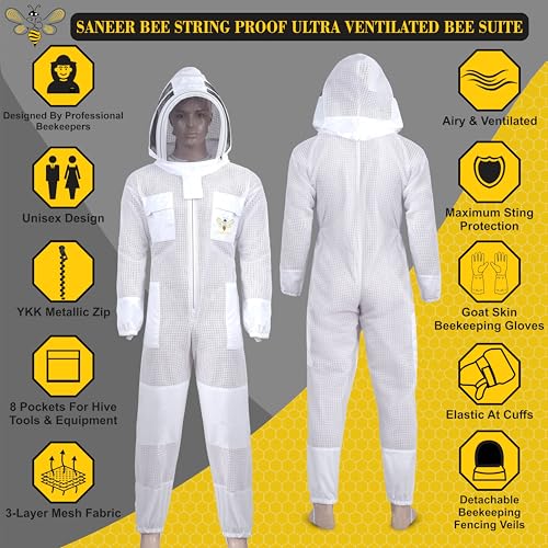 SANEER 3 Layer Bee Suit With Fencing Veil Protection & One Pair Gloves Ventilated Sting Proof Beekeeping Suit For Beekeepers (3X-Large) - size: 3X-Large