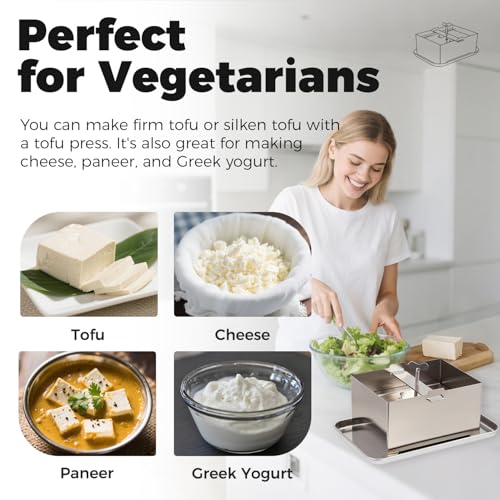 Tofu Press Stainless Steel, Tofu Presser Fast and Efficient Water Removal for Firm Tofu, Easy to Clean & Dishwasher Safe, Comes with Stainless Steel Drip Tray and Cheese Cloth - color: L, with Steel Tray