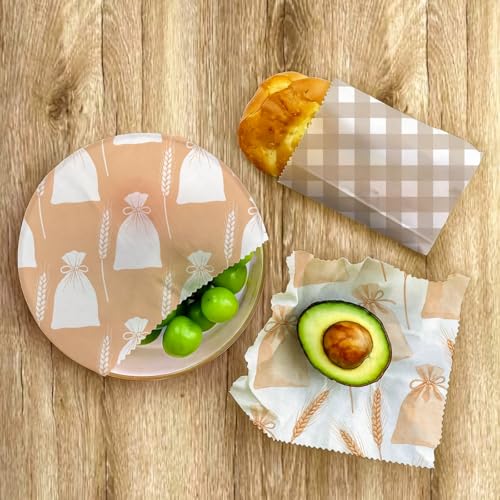 Reusable Beeswax Wrap, Flour Sack and Gingham Wraps, 9 Pack Sheets for Bread, Fruit, Bowl, Organic, Sustainable, Zero Waste, Plastic-Free Food Storage, 1XL, 3M, 5S - color: Beige Wheat Sacks