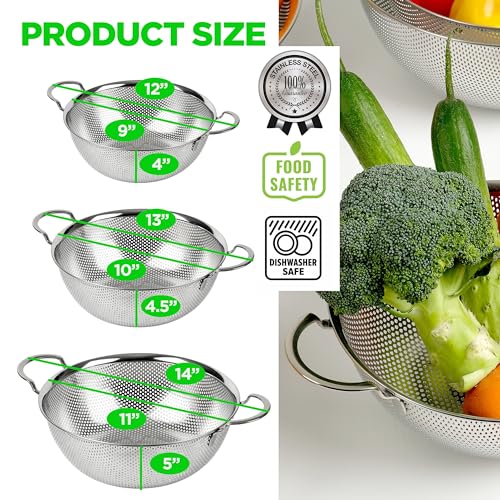 Premium 18/8 304 Stainless Steel Set of 3 – Micro-Perforated Strainers with Handles, Self-Draining Base for Pasta Vegetables Fruit, Heavy Duty (4, 6, 8 Qt) Made in Korea - size: 4+6+8QT Colander