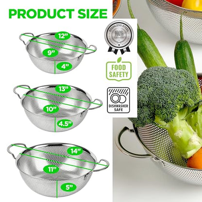 Premium 18/8 304 Stainless Steel Set of 3 – Micro-Perforated Strainers with Handles, Self-Draining Base for Pasta Vegetables Fruit, Heavy Duty (4, 6, 8 Qt) Made in Korea - size: 4+6+8QT Colander