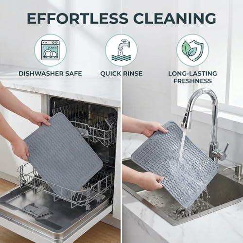 Silicone Dish Drying Mat for Kitchen Counter, Heat Resistant Dish Drainer, Easy to Clean Eco-Friendly Sink Liner, Non-Slip Drawer & Countertop Liner (16 x 12, Gray)