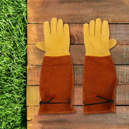 Long Sleeve Goat Leather Garden Gloves for Women Thorn and Puncture Resistant Yard Work with Brown Cowhide Cuff, Size L, Protective Rose Pruning and Beekeeping Gloves