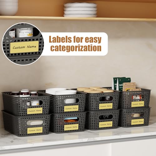 8 Pcs Plastic Storage Baskets with Plastic Lids and Labels 5.29qt Stackable Box Basket Pantry Decorative Containers, Small Storage Bins for Shelves Drawers Closets Bedrooms Office Cabinets 10*7.2*4.1" - style: Black-Plastic Lid