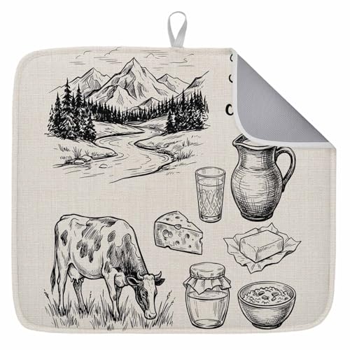 Farm Milk 1 Pack Dish Drying Mat for Kitchen Counter 16''x18'' Graffiti Cow Cartoon Cheese Gray Pastoral Landscape Absorbent Dish Bowl Dishes Drainer Mat Reversible Drying Rack Pad for Coffee Bar - color: Beige, size: 16"W x 18"L (Pack of 1)