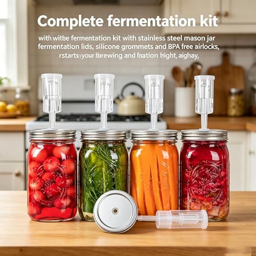 4 pack Fermentation Lids for Mason Jars Brewing & Fermentation Kit Stainless Steel Fermentation Lids with Airlock for Wide Mouth Mason Jar Fermentation