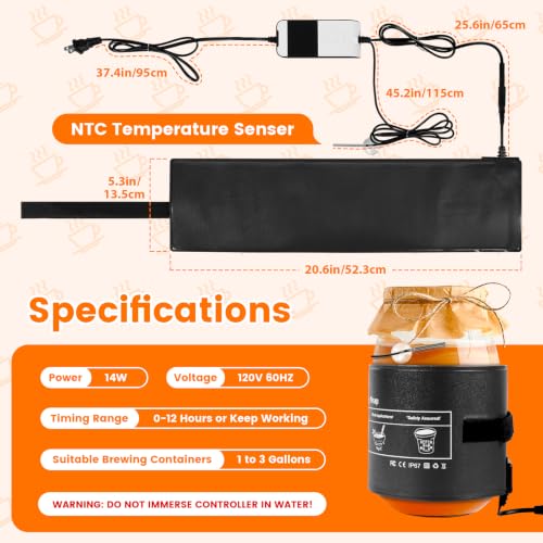 Kombucha Heating Wrap with Digital Thermostat - Fermentation Heating Pad for Kombucha Warmer, Equipped with an NTC Temperature Sensor & Suction Cup, Suitable for 1 Gallon 2 Gallon 3 Gallon