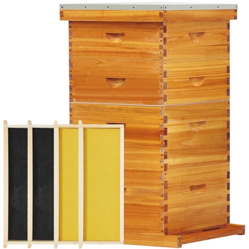 10-Frame Langstroth Beeswax Coated Bee Hive Includes 2 Deep Hive Boxes and 2 Super Bee Boxes with Beehive Frames and Foundations (4 Layer)