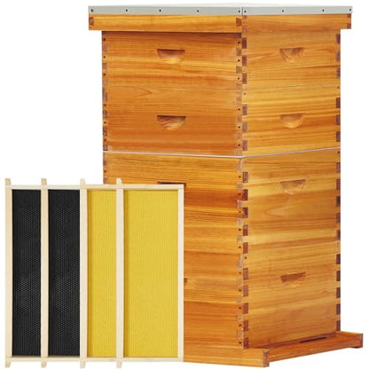 10-Frame Langstroth Beeswax Coated Bee Hive Includes 2 Deep Hive Boxes and 2 Super Bee Boxes with Beehive Frames and Foundations (4 Layer)