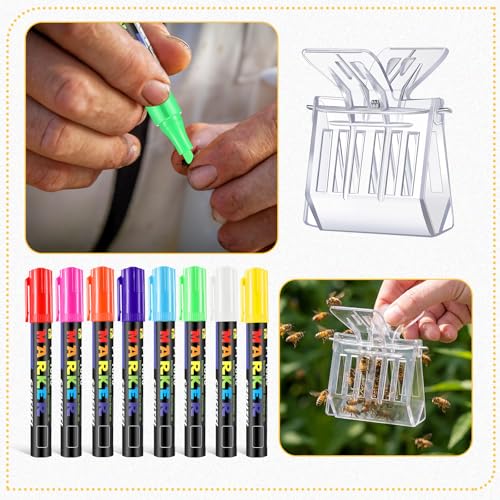 Qualirey 12 Pcs Queen Bee Marker Kit 8 Queen Bee Marker Pens 4 Plastic Catcher Clips Beekeeping Tools Supplies for Beekeeper One Handed Essential