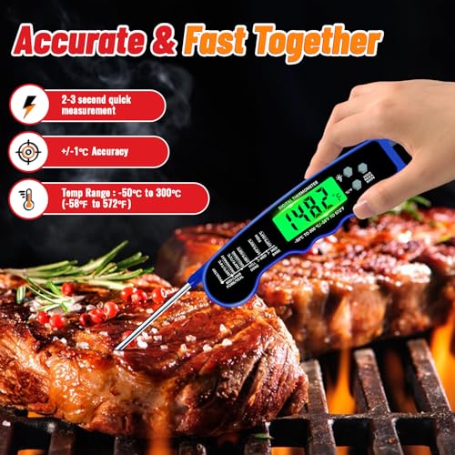 Stocking Stuffers for Men Women Adults: Meat Thermometer Digital, Instant Read Meat Thermometer with Backlight & Magnet for Kitchen, Beef, Grill, Turkey,IP67 Waterproof Cooking Thermometer - color: Blue